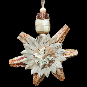 This toy is sure to brighten your bird's day! Made with whole mahogany pods, large palm leaf flowers and bows, cardboard rounds, a palm cube and natural wood beads strung on jute cord. Toy is decorated the same on both sides. Designed for intermediate to medium sized birds that prefer softer textures. Measures approx 8" by 12" including link.