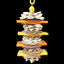 Load image into Gallery viewer, Brightly colored yellow and orange pine (softwood) slats, crunchy palm leaf bows, cardboard disks and wood beads threaded on stainless steel wire. A nice variety of easy to chew and shred parts designed for small to intermediate sized birds.   Measures approx 3-1/2&quot; by 9&quot; including link.
