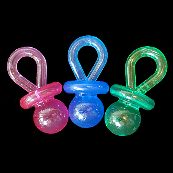 Brightly colored translucent acrylic pacifiers measuring 22mm x 45mm (approx 7/8