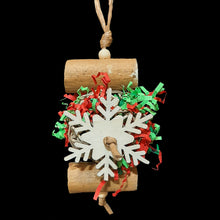 Load image into Gallery viewer, A 2-1/2&quot; vine ball stuffed with Christmas paper shred sandwiched between two super soft sola sticks. Thin wood snowflakes adorn the vine ball on two sides. Strung on paper twist cord. Designed for small to intermediate sized birds.
