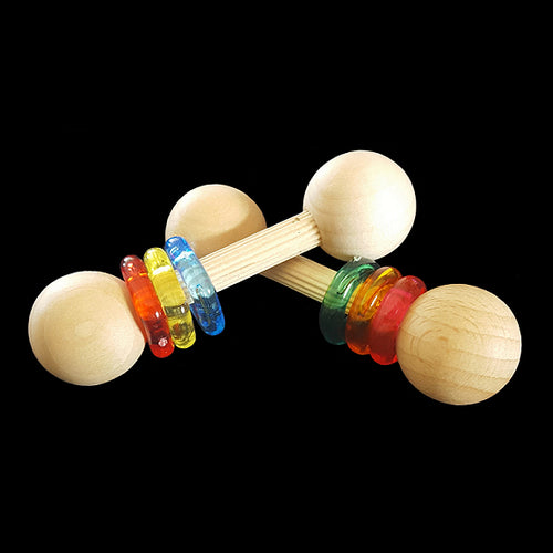 A miniature barbell made with hardwood balls and crystal rings joined together on a wood dowel. Designed for small and intermediate sized birds.  Measures approx 2-3/4