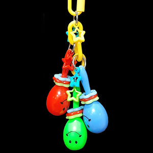 Three smiling mini maracas with spinning rings and charms dangling on plastic chain. Small birds will love the gentle rattle sound and action of the brightly colored movable parts.  Measures approx 6-3/4" including link.