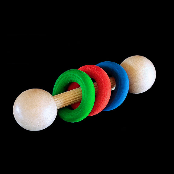 A mini rattle made with hardwood balls & brightly colored wood rings joined together on a wood dowel. Designed for small & intermediate birds.  Measures approx 2-3/4