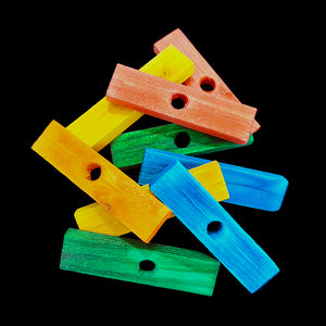 Brightly colored small pine wood slats measuring 1/2" by 2" by 1/4" thick with a 1/4" hole. An excellent choice for budgies, cockatiels, parrotlets, green cheek conures or other small birds. Also great for bunny & chinchilla toys.  Package contains 25 pieces.