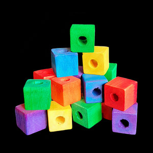 Small, brightly colored hardwood cubes measuring approx 5/8" with a 3/16" hole. Recommended for making small and intermediate bird toys.