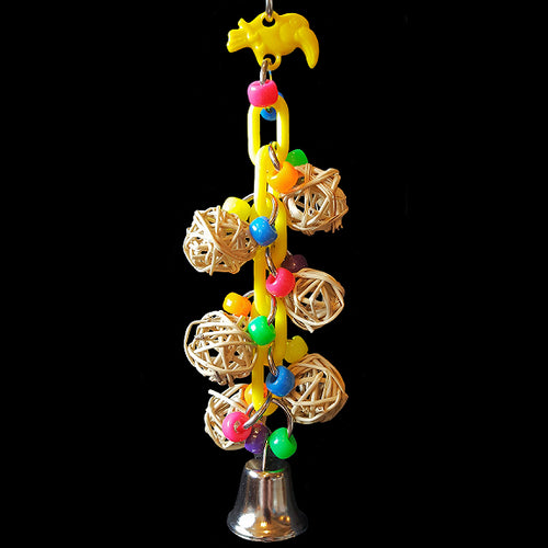 Mini munch balls dangling on plastic chain with pony beads & a bell. Once the munch balls are gone, your bird can enjoy rattling the toy or you can refill it with more balls! Designed for small birds.