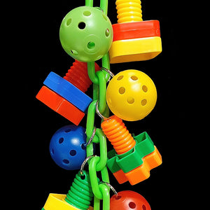 Giant plastic nuts and bolts with perforated golf balls hanging on heavy plastic chain.  A great toy to hang on and bang around with! Also great for messy birds like lories as it can be easily washed.  Hangs approx 14" including plastic link.