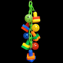 Load image into Gallery viewer, Giant plastic nuts and bolts with perforated golf balls hanging on heavy plastic chain.  A great toy to hang on and bang around with! Also great for messy birds like lories as it can be easily washed.  Hangs approx 14&quot; including plastic link.
