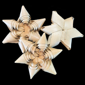 All natural, hand woven palm leaf stars approx 1/2" thick by 3" in diameter.  Each star has a tiny hole in the center to make it easy to string thin cord or lacing through each piece.  Package contains 3 stars.