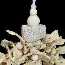 Load image into Gallery viewer, Small bird toy made with four strands of crunchy zigzag palm leaf shredders and small wood snap beads dangling under a yucca button. Strung on cotton cord. Designed for small birds such as budgies, lovebirds, linnies and other small parrots that prefer to shred.

