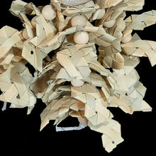 Load image into Gallery viewer, Small bird toy made with four strands of crunchy zigzag palm leaf shredders and small wood snap beads dangling under a yucca button. Strung on cotton cord. Designed for small birds such as budgies, lovebirds, linnies and other small parrots that prefer to shred.
