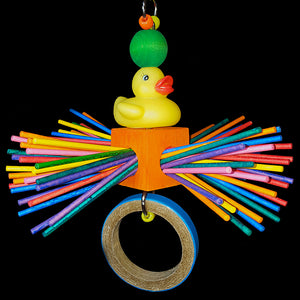 A rubber duck with a wood ball on top of his head perched upon a pine wood cube filled with lots of colored paper sucker sticks waiting to be chewed and unrolled. A birdie bagel finishes off this toy that is built on nickel plated chain.  Measures approx 9-1/2" by 8" including link.