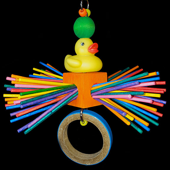 A rubber duck with a wood ball on top of his head perched upon a pine wood cube filled with lots of colored paper sucker sticks waiting to be chewed and unrolled. A birdie bagel finishes off this toy that is built on nickel plated chain.  Measures approx 9-1/2