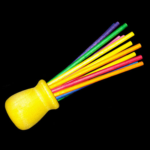 A brightly colored wood cup filled with colored paper lollipop sticks. Designed for intermediate to medium parrots. Birds love chewing on & unraveling the paper sticks!