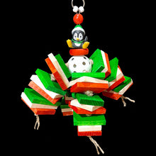 Load image into Gallery viewer, Christmas bird toy with pine slats on jute cord on a perforated golf ball with a cute Christmas penguin seated on the top.
