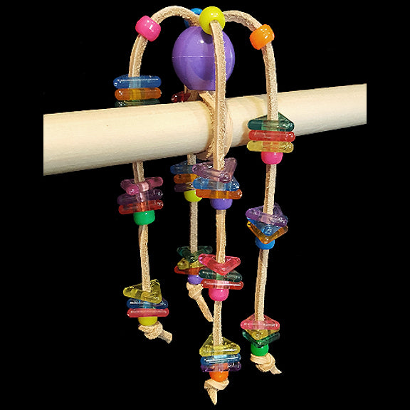 Veggie tanned leather laces filled with pony beads and crystal stringing rings. Simply slide the laces onto any sized perch and pull down on the bead to tighten. Can also be used with a link as a hanging toy.