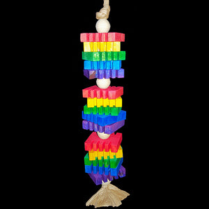 Brightly colored 3/8" thick notched pine slices and wood beads strung on a double strand of paper twist rope. Contains no metal parts.