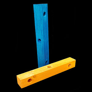 Brightly colored pine wood toy base measuring approx 3/4" by 3/4" by 6" high drilled with three 7/16" holes. Available in assorted colors.