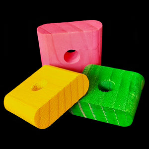 Brightly colored, rounded edge pine blocks measuring 1-1/2" by 1-1/2" by 1/2" thick with a 3/8" hole. An excellent choice for small and mid-size birds that aren't big chewers. Also great for rabbits.