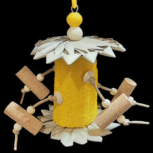 Cork stoppers and wood beads attached with paper rope to a brightly colored loofah base with crunchy palm leaf flowers on the top and bottom. Strung on stainless steel wire with lots of interesting and fun textures to pick, rip, chew and shred! Designed for small to medium sized birds who like softer materials.  Measures approx 5" by 9" including link.