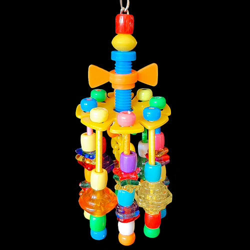 Lots of crystal rings and beads on colored paper sticks dangling through a plastic wheel. Hung on nickel plated chain with a mini nut & bolt and large acrylic key hidden inside. A fun toy for all small to intermediate birds!