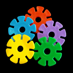 Plastic wheels approx 1-1/4" in diameter with a 7/32" hole.