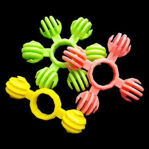 Chewy plastic interstar rings with lots of little ridges for tongues to explore! Rings measure approx 2" with a large 1/2" center hole. Can easily be slipped on perches for spinning toys.  Package contains 6 pieces in assorted colors and styles.