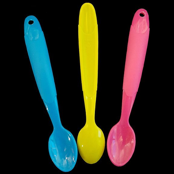 Brightly colored plastic spoons measuring approx 5-1/2