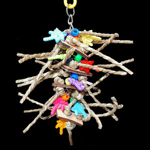 Four layers of veggie tanned leather squares knotted with crunchy seagrass cord, charms and pony beads strung on nickel plated chain. Can be easily refilled once all the seagrass is gone. One of our top selling small bird toys as most birds love chewing on seagrass!