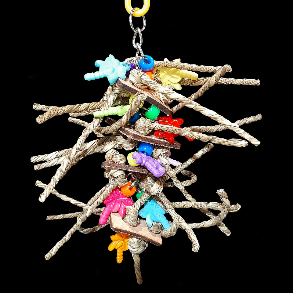 Four layers of veggie tanned leather squares knotted with crunchy seagrass cord, charms and pony beads strung on nickel plated chain. Can be easily refilled once all the seagrass is gone. One of our top selling small bird toys as most birds love chewing on seagrass!