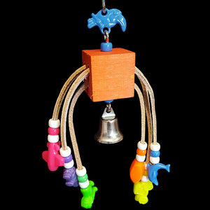 A hardwood cube with three veggie tanned leather laces filled with beads & a nickel plated bell at the bottom. The laces can be tugged back & forth for interactive play.