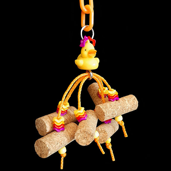 Six 2 inch corks and a handful of wiggle rings & pony beads strung on paulie rope hanging under a little duck.  Measures approx 8