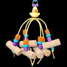 Load image into Gallery viewer, Bird toy with six corks and a handful of brightly colored beads strung on paulie rope hanging under a little duck.  Measures approx 8&quot; including link.
