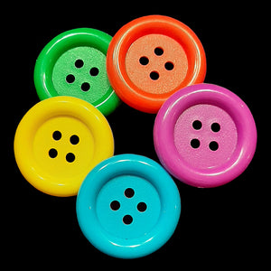 Brightly colored round plastic buttons measuring 1-3/8" in diameter.