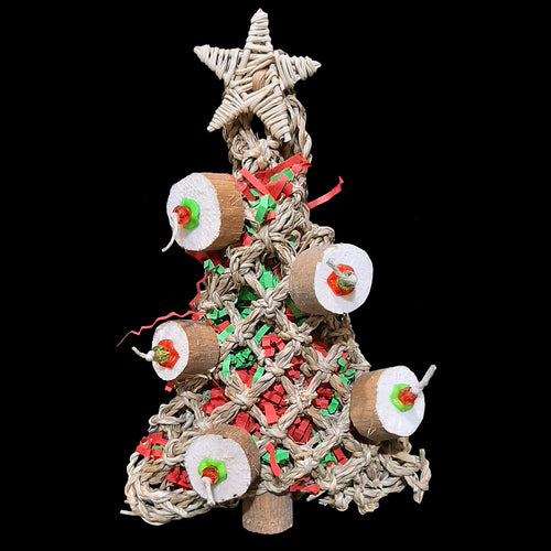 Everybirdy needs their own Christmas tree and this one is sure to be a hit! Made with seagrass stuffed with crinkle paper and adorned with sola coins (similar to balsa), assorted beads and topped off with a vine star. Designed for small to intermediate sized birds. Attaches to the side of your bird's cage with two zip ties.
