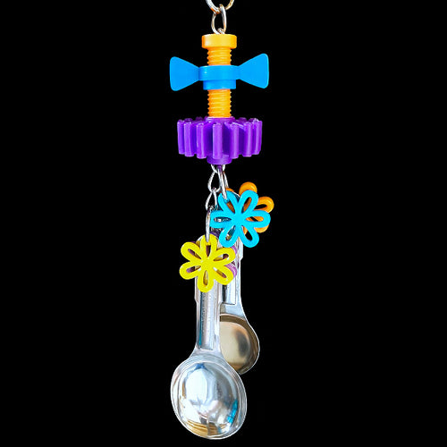 Dangling under a mini plastic nut-n-bolt and spinning gear are two stainless steel spoons with acrylic daisies that wiggle and jiggle to make a bit of noise and lots of fun! Available in assorted colors. Designed for small to intermediate sized birds.