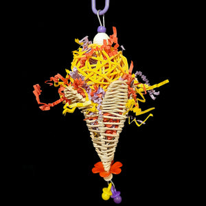 A colorful treat for small birds who like to pick and shred! Crinkle paper stuffed into a vine ball sitting in a vine cone stuffed with more paper. Built on stainless steel wire with a wood "cherry" on the top and mini pacifier dangles. Available in assorted colors. Tip: Stuff little treats inside the toy for extra foraging fun!