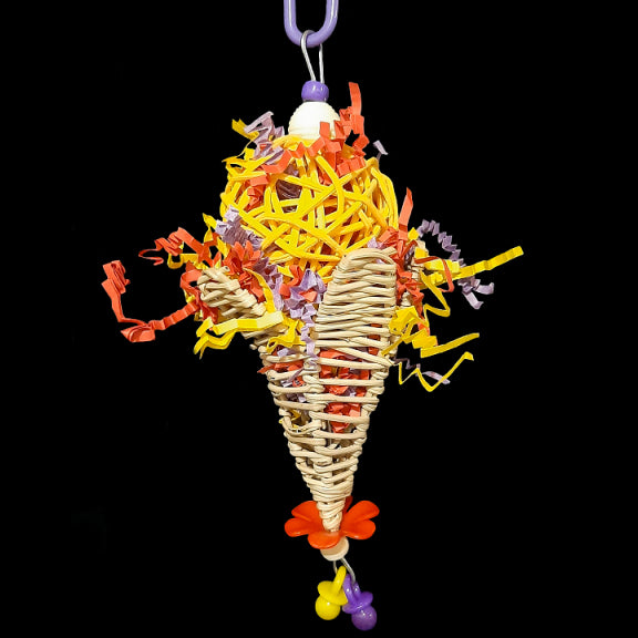 A colorful treat for small birds who like to pick and shred! Crinkle paper stuffed into a vine ball sitting in a vine cone stuffed with more paper. Built on stainless steel wire with a wood 