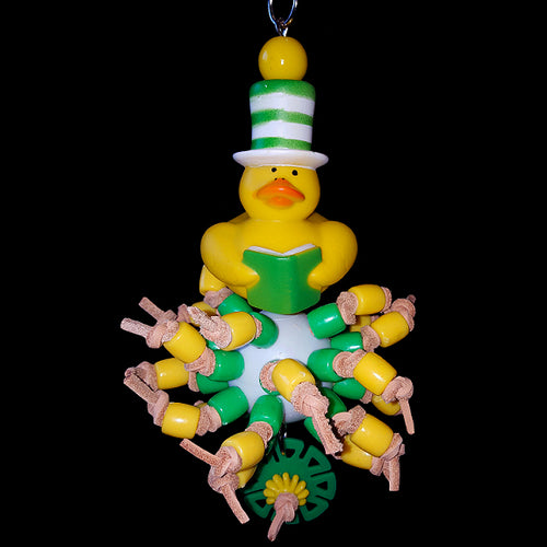 A rubber duck sitting atop a golf ball filled with big pony beads knotted on veggie tanned leather lace.