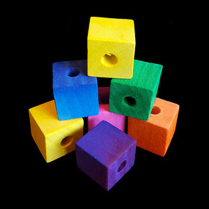 Brightly colored hardwood cubes measuring approx 3/4" with a 1/4" hole.
