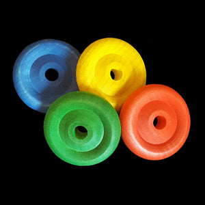 Brightly colored hard wood wheels 1" in diameter by 1/4" thick with a 3/16" center hole.