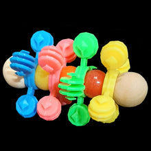 Load image into Gallery viewer, A set of three foot toys made with spinning interstar snowflakes, beads and wood pieces. Designed for intermediate to medium parrots.
