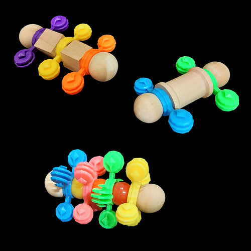 A set of three foot toys made with spinning interstar snowflakes, beads and wood pieces. Designed for intermediate to medium parrots. 