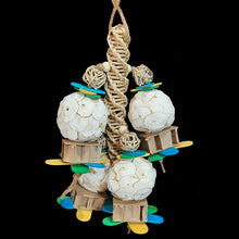 Load image into Gallery viewer, Bird toy with sola balls, mini vine balls, honeycomb blocks and thin wood paddles on jute cord on a vine twist base. Fun for small birds and rabbits.
