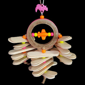 Thin wood paddles & pony beads hanging on a birdie bagel. A great toy for small to mid sized birds who love to nibble on thin wood!  Measures approx 6" by 8" including link.