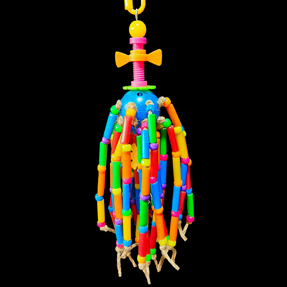 Lots of plastic straw beads and pony beads tied around a plastic golf ball with jute cord. The base of this fun toy is stainless steel wire with a spinning mini plastic nut & bolt set.  Hangs approx 12
