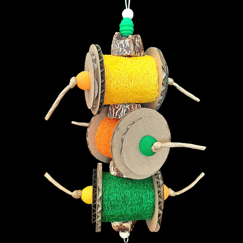 Three brightly colored loofah rolls flanked by corrugated cardboard rounds with wood beads, mahogany chunks and paper rope. The base of this toy is stainless steel wire. Designed for small to intermediate birds who like softer textures.  Measures approx 4