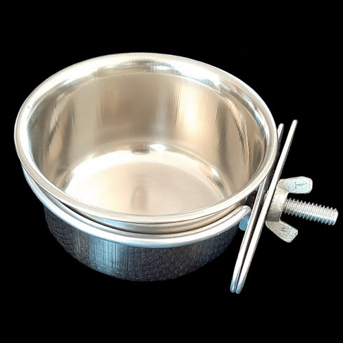 10 oz bolt-on stainless steel food or water bowl with ring clamp holder. Easily clamps on to wire cages. Dishwasher safe.  Measures approx 4