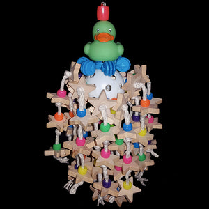 Lots of little hardwood stars and pony beads individually knotted on thin cotton rope around a perforated golf ball. A little rubber duck and interstar ring complete this toy designed for birds that love small pieces of wood.