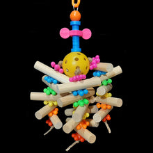 Load image into Gallery viewer, A fun bird toy designed for small parrots to chew and bop around! Natural 2-1/2" wood dowels and mini atom beads strung on jute cord from a plastic golf ball center. Topped off with a spinning mini nut and bolt.
